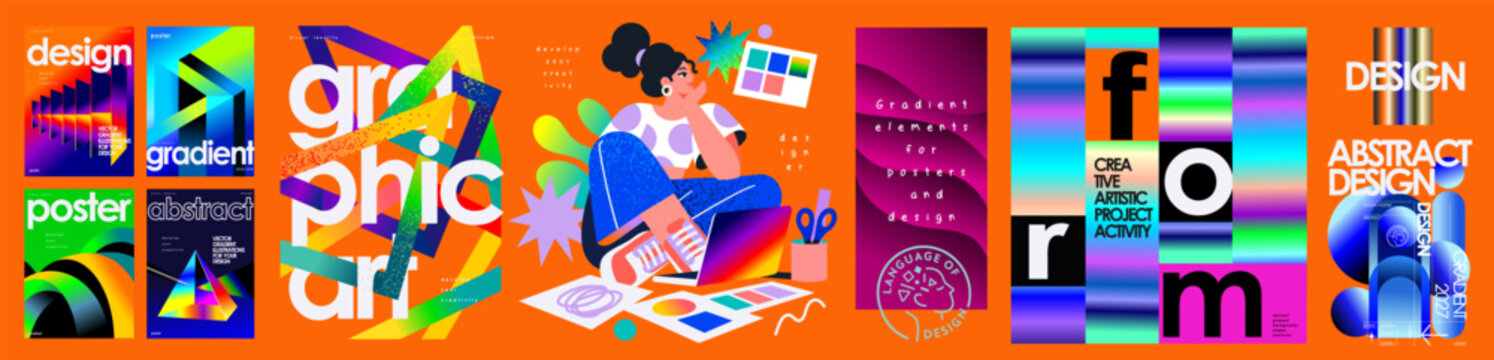 Design and designer. Modern abstract art. Vector illustrations of gradients, graphic objects, elements, female artist character working on a laptop, geometric shapes for poster, background, magazine o