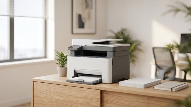 Compact multifunction printer sits on a wooden office cabinet with notebooks and plant in a bright organized professional workspace