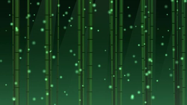 Breathtaking bamboo forest illustration featuring glowing fireflies and magical light beams casting peaceful shadows