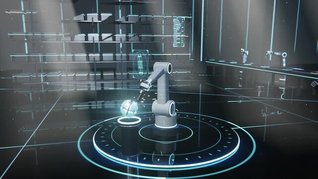 Futuristic robotic arm interacting with holographic globe and robot in high-tech digital environment