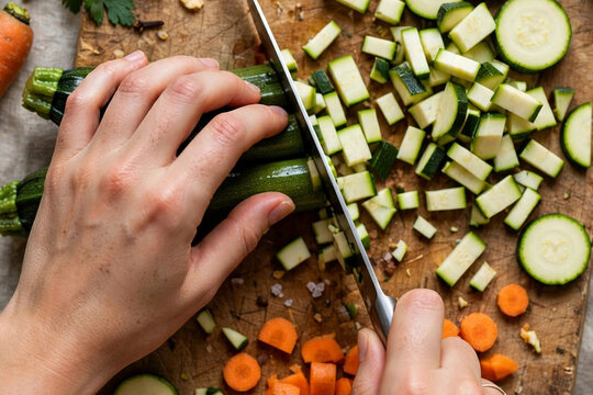 Aesthetic hands-only process overhead shot chopping fresh vegetables on wooden board, healthy cooking b-roll style for vertical video background, natural light micro vlog concept