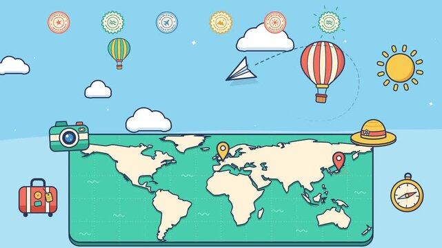 Illustrated world map with travel icons and paper airplane flying across continents