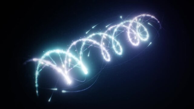 Glowing digital DNA helix with particle effects in dark space background
