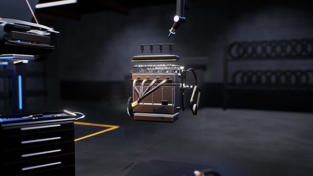 3D exploded view of a car engine with floating parts in a dark garage
