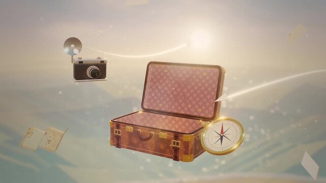 Vintage suitcase opening to reveal iconic world landmarks with travel accessories floating