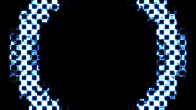 Halftone circle wipe transition dots texture animated on black background, abstract radial wave vintage analog film background with old TV noise FX, circle halftone dots transition scaling up