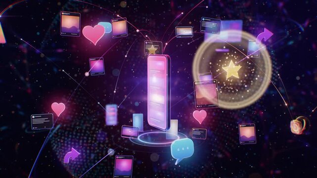 Digital smartphone surrounded by floating social media icons and notifications in futuristic space