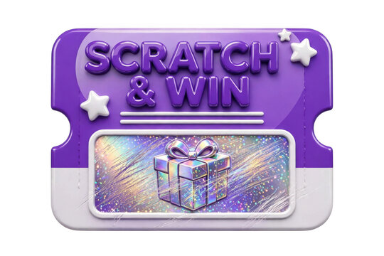 Purple and white scratch and win lottery ticket featuring a holographic gift box icon on the scratch-off area, isolated on a black background isolated on a transparent background