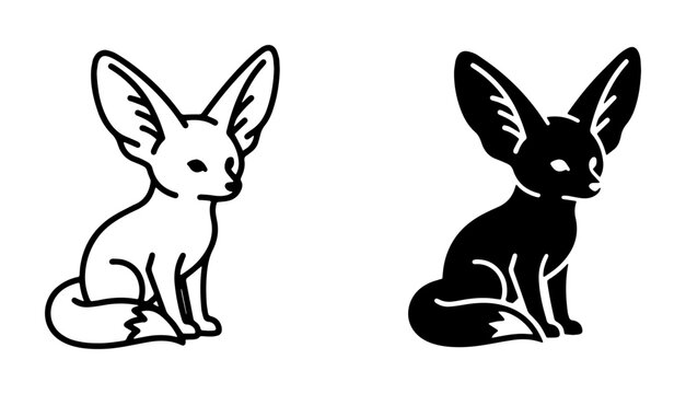 Fennec fox line icon and silhouette set with large ears, desert animal for logo or sticker