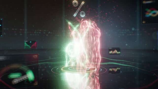 Digital hologram of bull and bear with percentage symbol in futuristic stock market environment