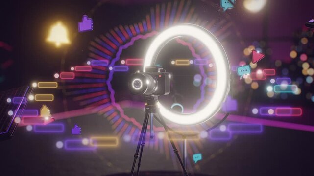 Camera setup with ring light and social media icons in dark digital environment