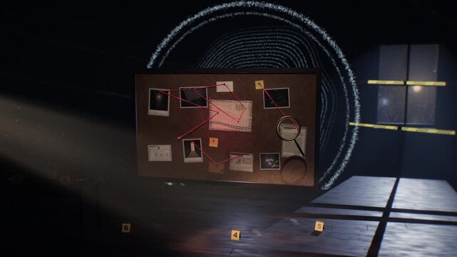 Crime investigation board with photos, documents, and magnifying glass in dark room