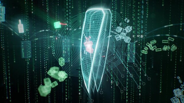 Digital shield protecting data with binary code and cyber security icons