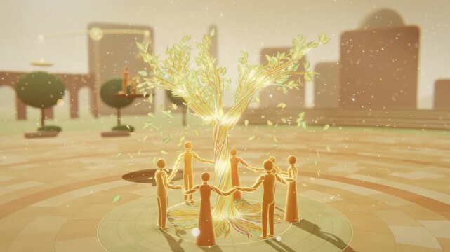 Abstract glowing figures holding hands around a luminous tree in a surreal park