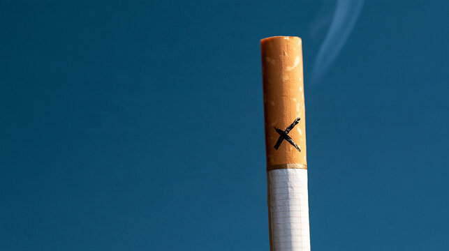 Cross mark on a cigarette symbolizing harm from nicotine and tobacco smoke, with copy space