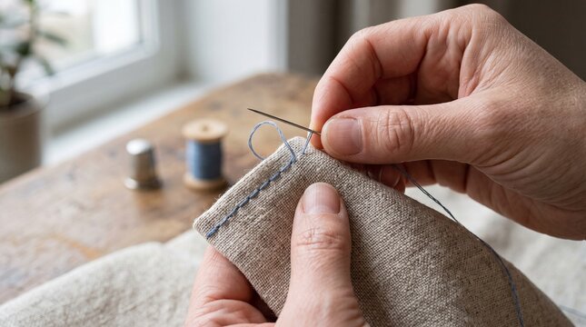 Close-Up of Hands Sewing Beige Fabric with a Needle and Blue Thread