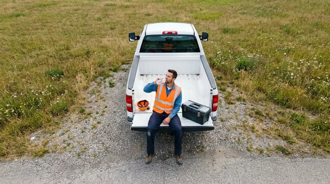 Worker drinking water on truck tailgate in grassy field outdoors