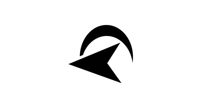 Minimalist black compass arrow symbol pointing left underneath a sleek crescent arch shape against a plain white background for modern graphic design branding projects and corporate identity templates