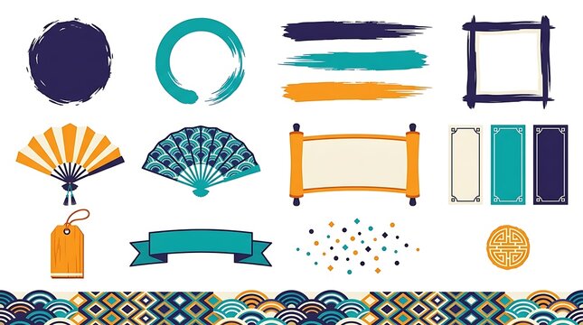 Set of decorative japanese elements including traditional fans and paper scrolls for cultural graphic design with brushwork tradition decoration oriental collection illustration