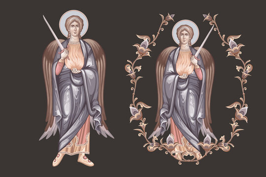 Archangel Uriel. Christian pastel illustration set in Byzantine style isolated