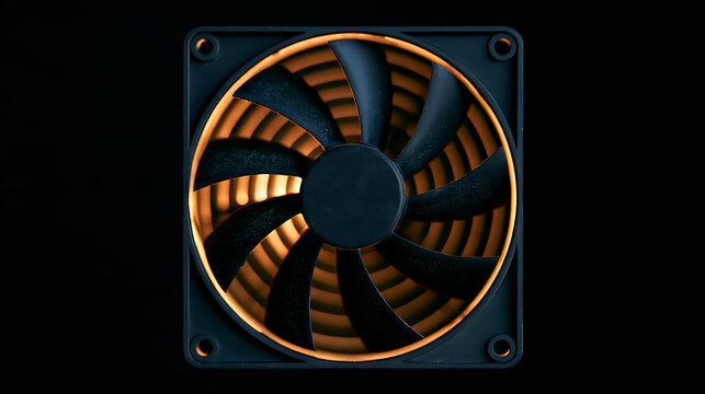 Modern computer cooling fan with black blades and copper accent ring isolated on dark background for hardware component and technology use