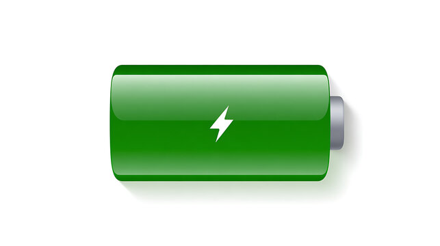 A glossy green battery icon with a white lightning bolt symbol representing full power and eco-friendly energy supply for modern devices