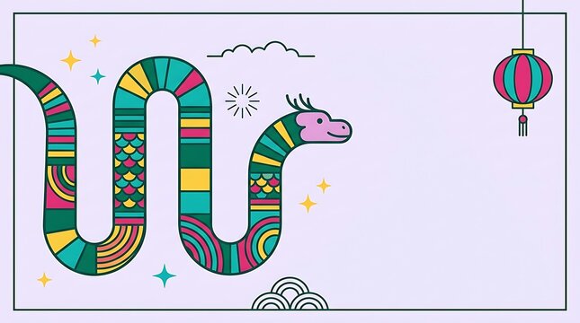 Stylized chinese snake zodiac symbol with colorful geometric patterns and traditional holiday lantern decor astrology horoscope celebration festival decoration illustration