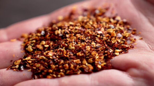 Crushed cayenne pepper flakes and mixed spices in a person open hand. Coarse fragments of seasoning ingredients. Spicy food