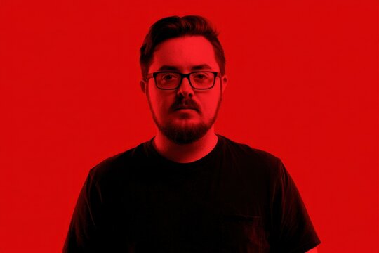 a man with glasses and a dark shirt stands against a vibrant red background