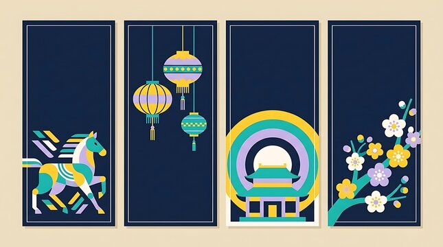 Set of four vertical banners featuring geometric horse lantern temple and plum blossom graphics traditional celebration decoration architecture building template oriental
