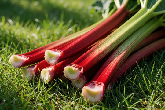 Fresh organic rhubarb stalks lie on green garden grass. Red, green vegetable stems ready for healthy cooking. Raw ripe rhubarb ingredient for making sweet pie summer compote. Close up of homegrown
