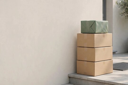 Plain cardboard delivery boxes with parcel on doorstep
