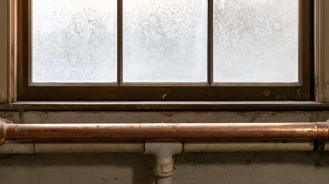 Rustic interior view featuring old wooden window frame with frosted glasspane and weathered copper pipe running along aged wall surface indoors