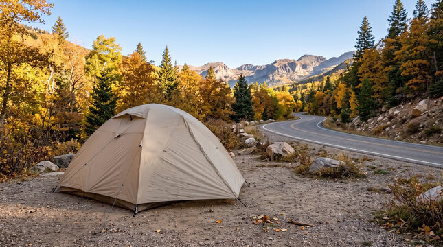 Autumn camping scene featuring tan tent set against colorful fall foliage and winding road in mountainous landscape. Autumn camping experience showcases nature's vibrant transformation.