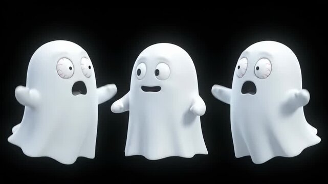 Cute ghost animation with three friendly white Halloween spirits against black background. Spooky cartoon characters for seasonal horror, fantasy and holiday content