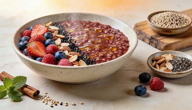 Ka&ntilde;iwa Berry Antioxidant Bowl &ndash; Ancient Andean Grain Porridge with Jewel-Toned Berries and Almond Crunch on Speckled Ceramic.