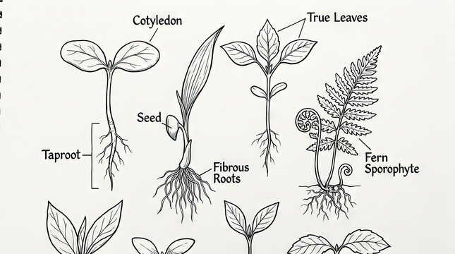 Botanical diagram showing different plant root systems and leaf structures.