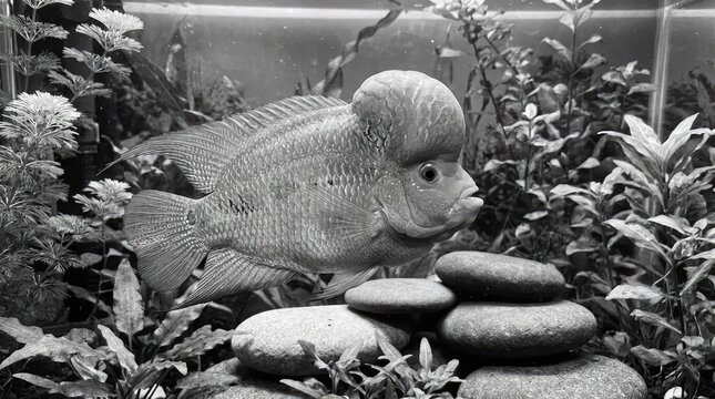 Grayscale profile of flowerhorn cichlid fish in aquarium.