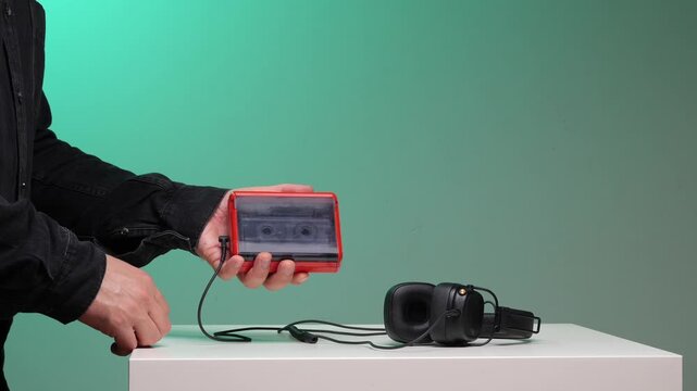 Hand inserting an analog cassette tape into a vintage portable audio player, representing retro technology, music listening, and the nostalgia of 80s and 90s media culture