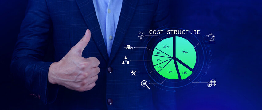 Cost structure concept. Strategic cost structure financial analysis with pie chart, business growth, profit and loss management planning. not ai