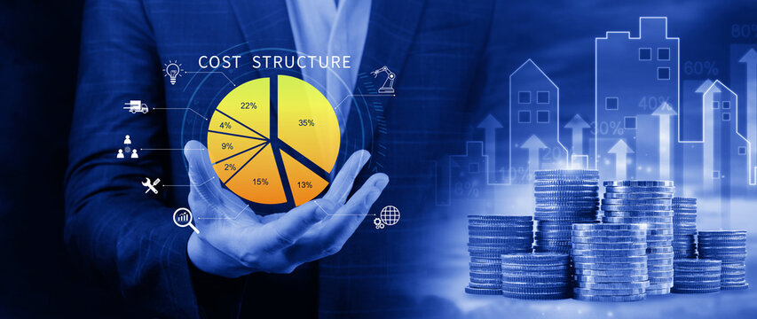 Cost structure concept. Strategic cost structure financial analysis with pie chart, business growth, profit and loss management planning. not ai