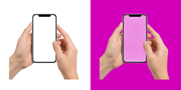 Hands holding a generic smartphone with blank screen for digital app mockups transparent png