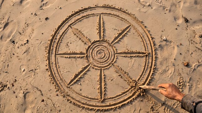 Eight Spoked Buddhist Dharma Wheel Drawn in Natural Sandy Ground