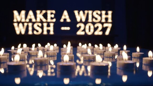 Candle flames flicker below glowing wish lettering and 2027 numerals reflected on a dark glossy floor. warm new year wishes. soft candlelight reveals gold and navy tones in a horizontal video sequence