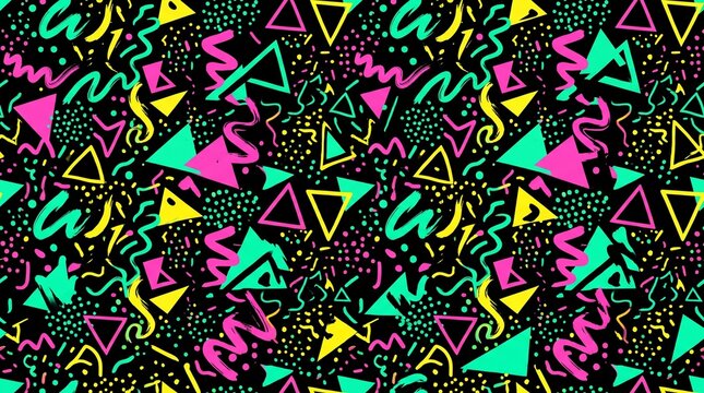 Colorful geometric pattern with squiggles and triangles on a black background surface