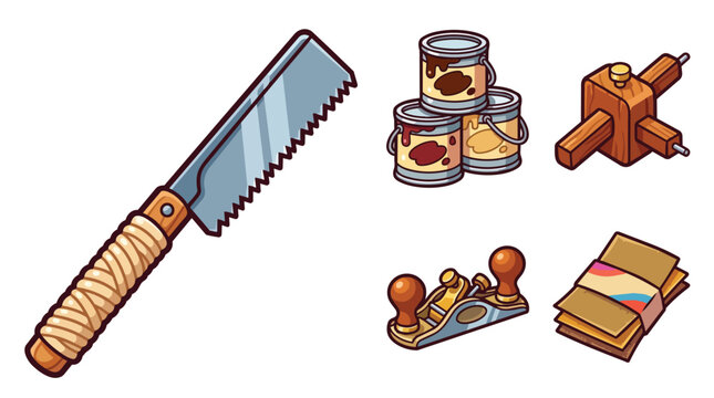 Hand Tools and Woodworking Equipment Set Isolated Vector Illustration
