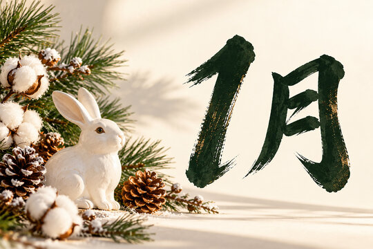 白いうさぎの置物と綿の実を飾る筆文字の1月