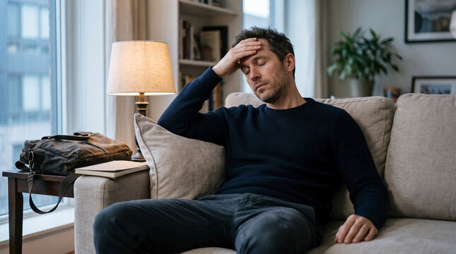 Tired Caucasian man sitting on a sofa with his hand on his forehead and eyes closed. Stressed male resting at home after work. Burnout and fatigue concept