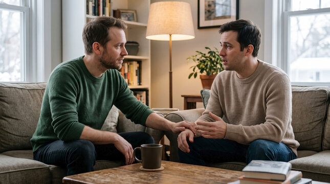 Two male friends having a serious conversation on a sofa in a living room. Man comforting his friend by touching his arm during a supportive discussion