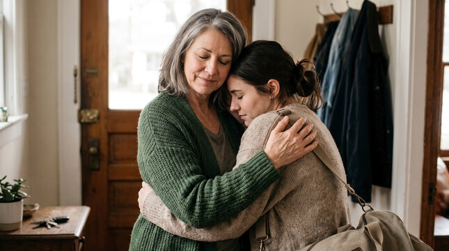 Senior mother embracing adult daughter near front door. Older woman hugging young female with travel bag in home entryway. Family farewell and bonding concept